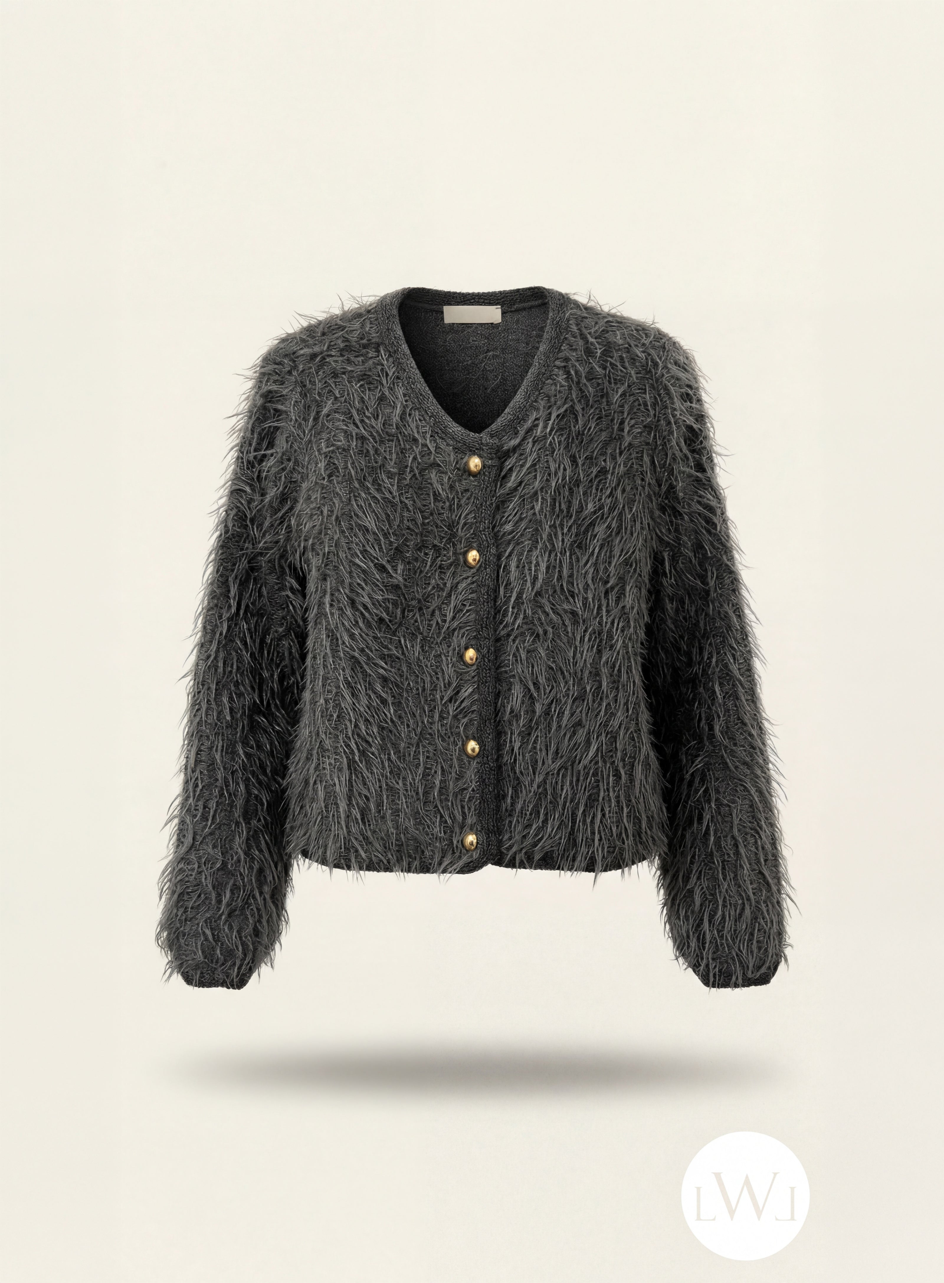 Tüylü Doku V Yaka Gold Düğmeli Örme Triko Hırka