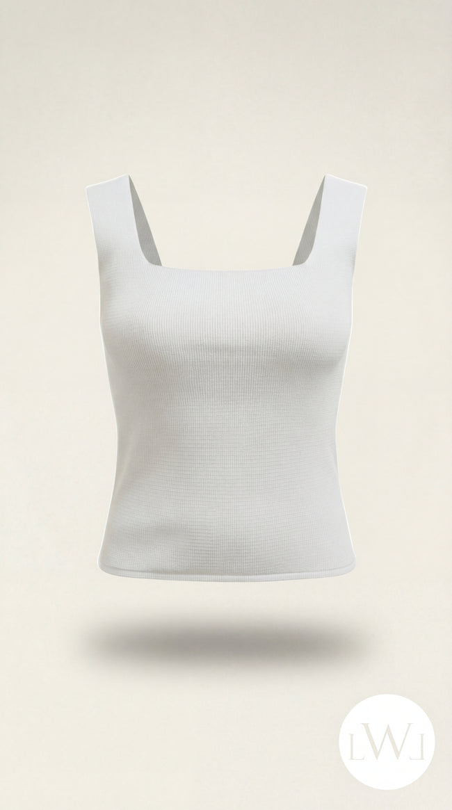 Square Neck White Ribbed Knit Tank/Bodysuit
