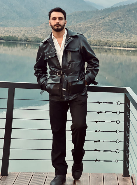 Giesto KEMERLI Siyah DERI PARKA CEKET