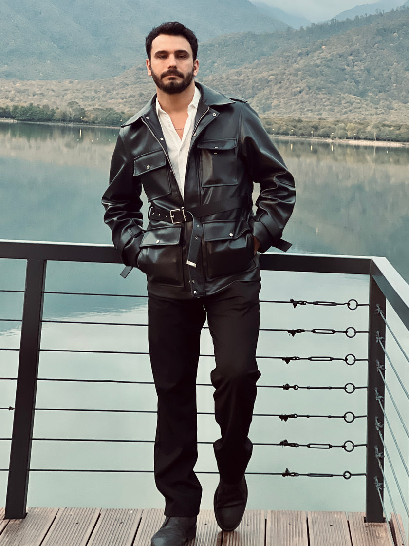 Giesto KEMERLI Siyah DERI PARKA CEKET