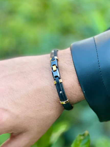 Black Leather Men's Bracelet with Gold Steel Details