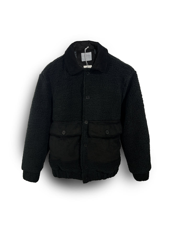 Siyah Peluş (Teddy) ve Kadife Detaylı Klasik Yaka Erkek Mont Ceket