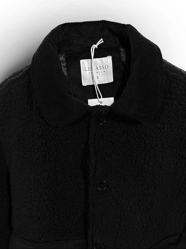 Siyah Peluş (Teddy) ve Kadife Detaylı Klasik Yaka Erkek Mont Ceket