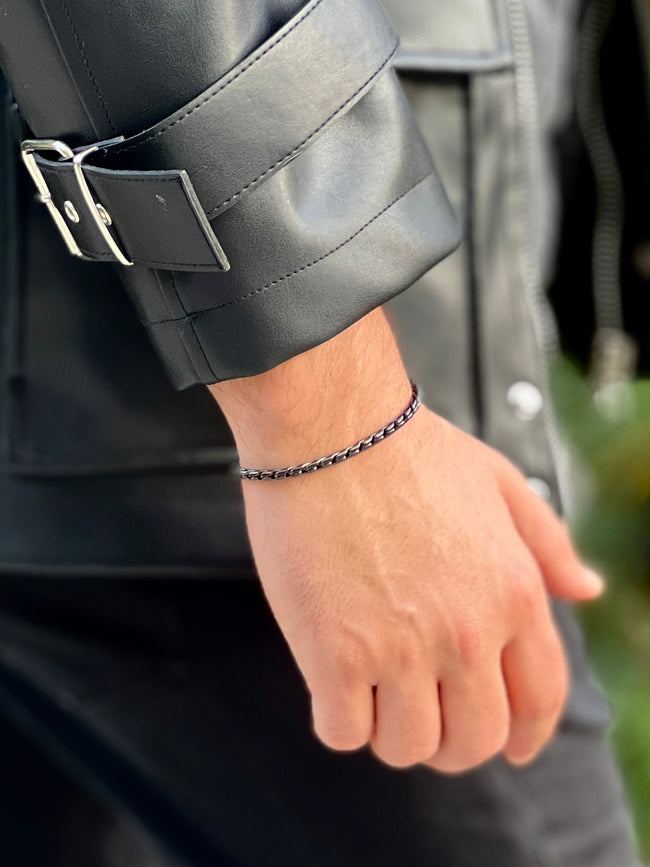 İnce Halat / Burgu Zincir Siyah Renk Minimalist Erkek Bileklik