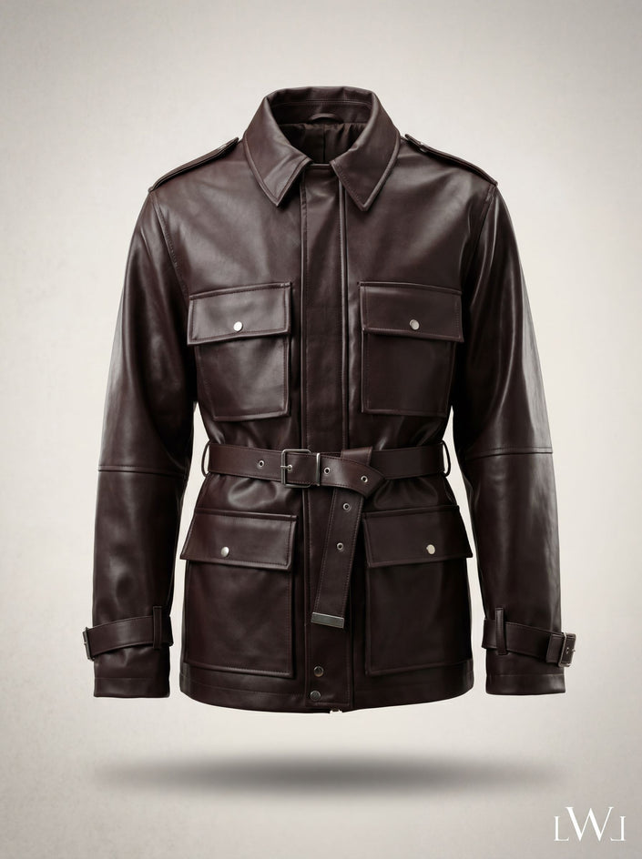 BELT-PLATED LEATHER PARKA JACKET