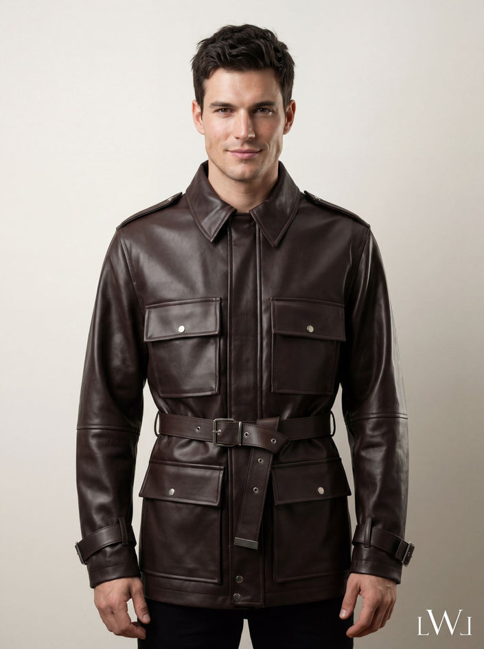 BELT-PLATED LEATHER PARKA JACKET
