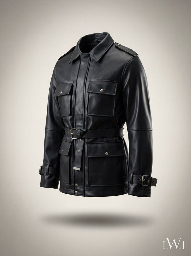 KEMERLİ DERİ PARKA CEKET SİYAH