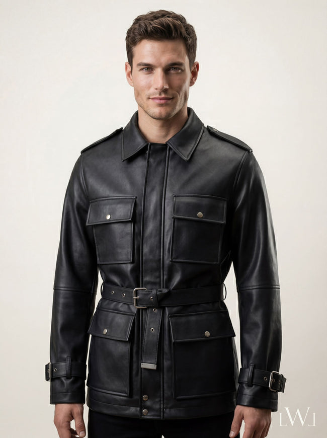 KEMERLİ DERİ PARKA CEKET SİYAH