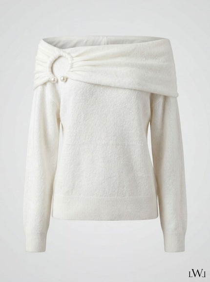 Pearl Detailed Off-Shoulder Boat Neck Ecru Women's Knitwear Sweater