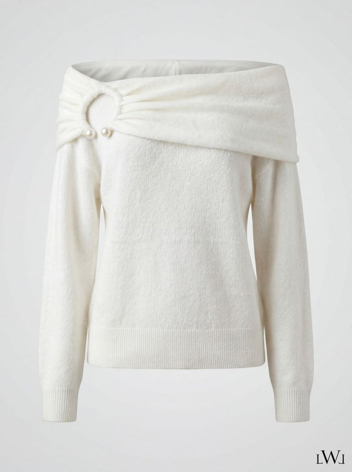 Pearl Detailed Off-Shoulder Boat Neck Ecru Women's Knitwear Sweater