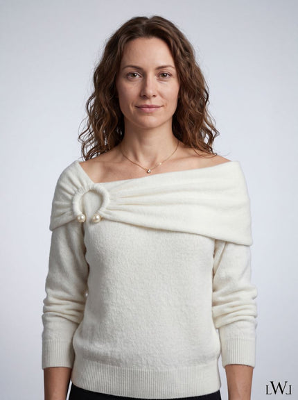 Pearl Detailed Off-Shoulder Boat Neck Ecru Women's Knitwear Sweater