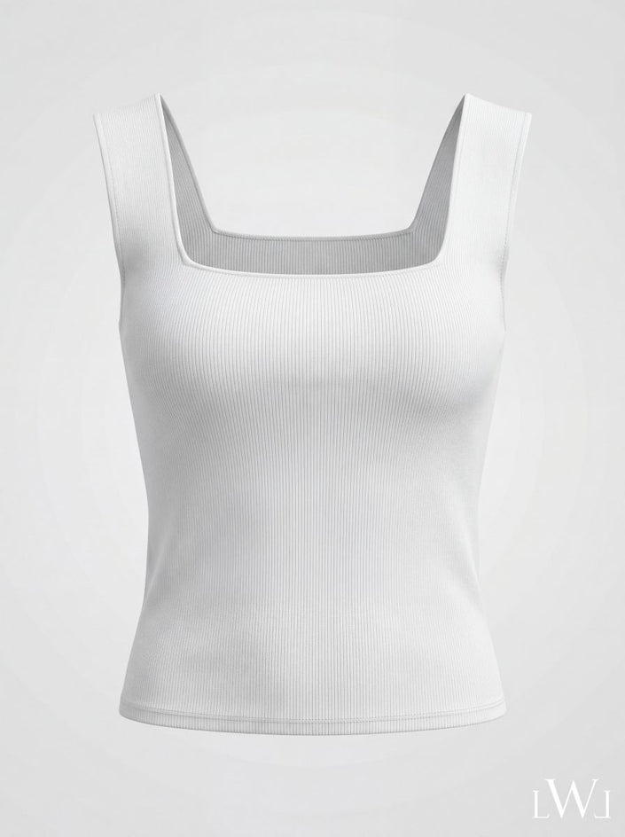 Square Neck White Ribbed Knit Tank/Bodysuit