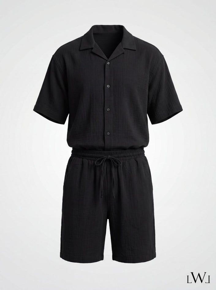 Erkek Apaş Yaka Oversize Müslin Takım - %100 Pamuklu Şortlu İkili Set