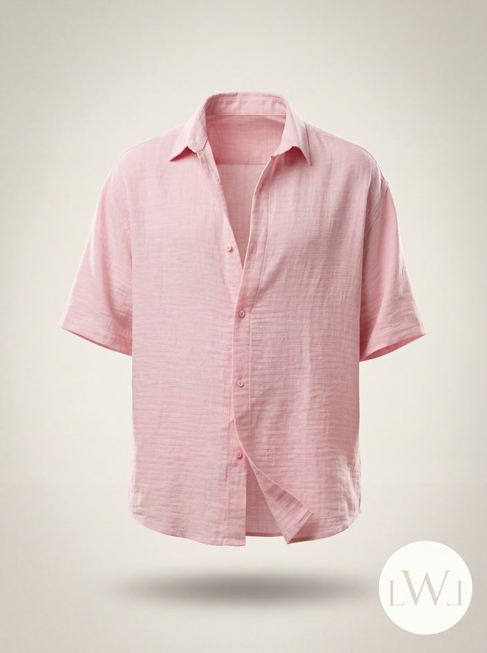 100% Cotton Oversize Short Sleeve Muslin Fabric Shirt Pink