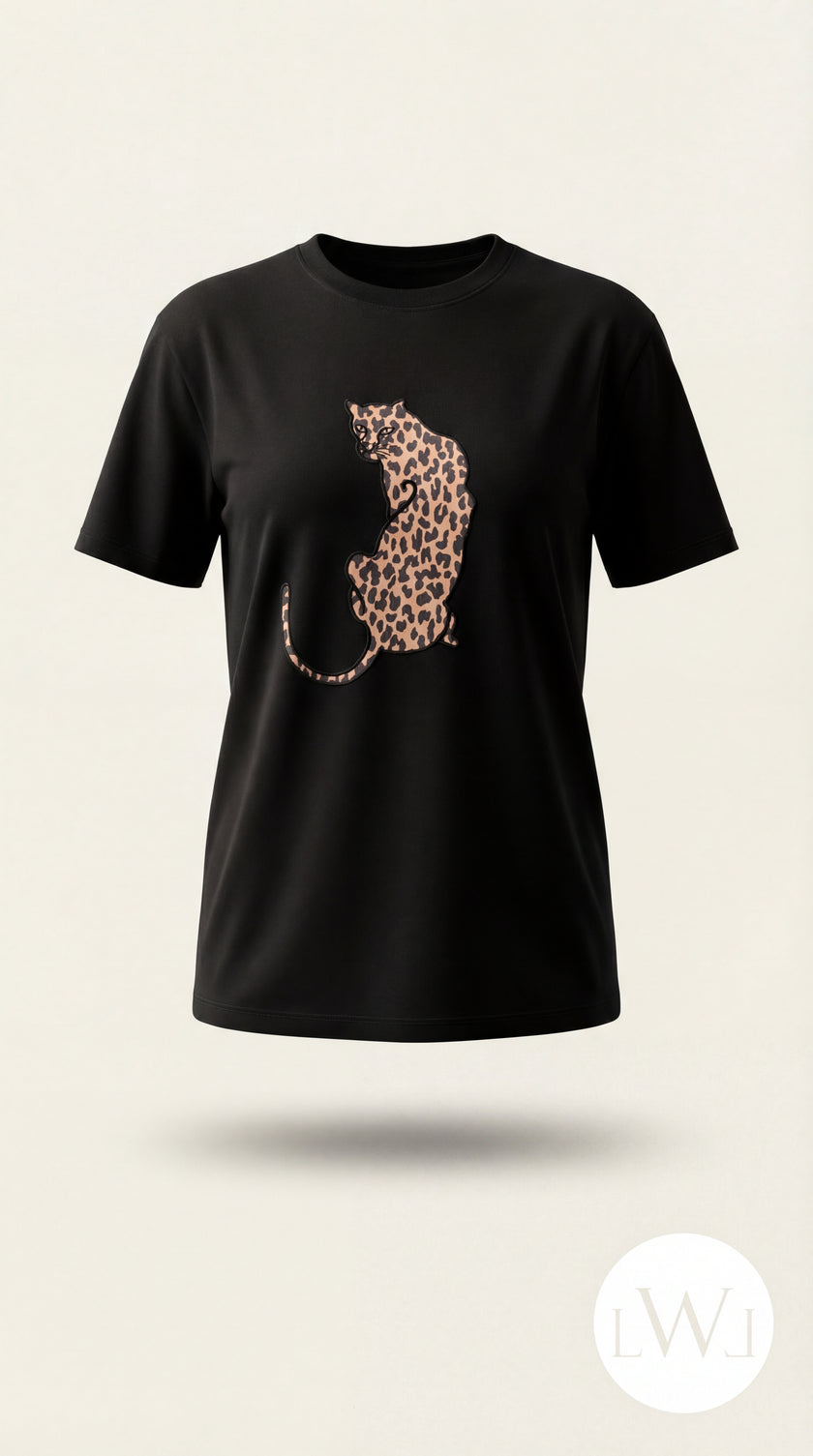 Leopard Patterned Patch Detailed Black Oversized Crew Neck T-Shirt