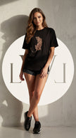 Leopard Patterned Patch Detailed Black Oversized Crew Neck T-Shirt