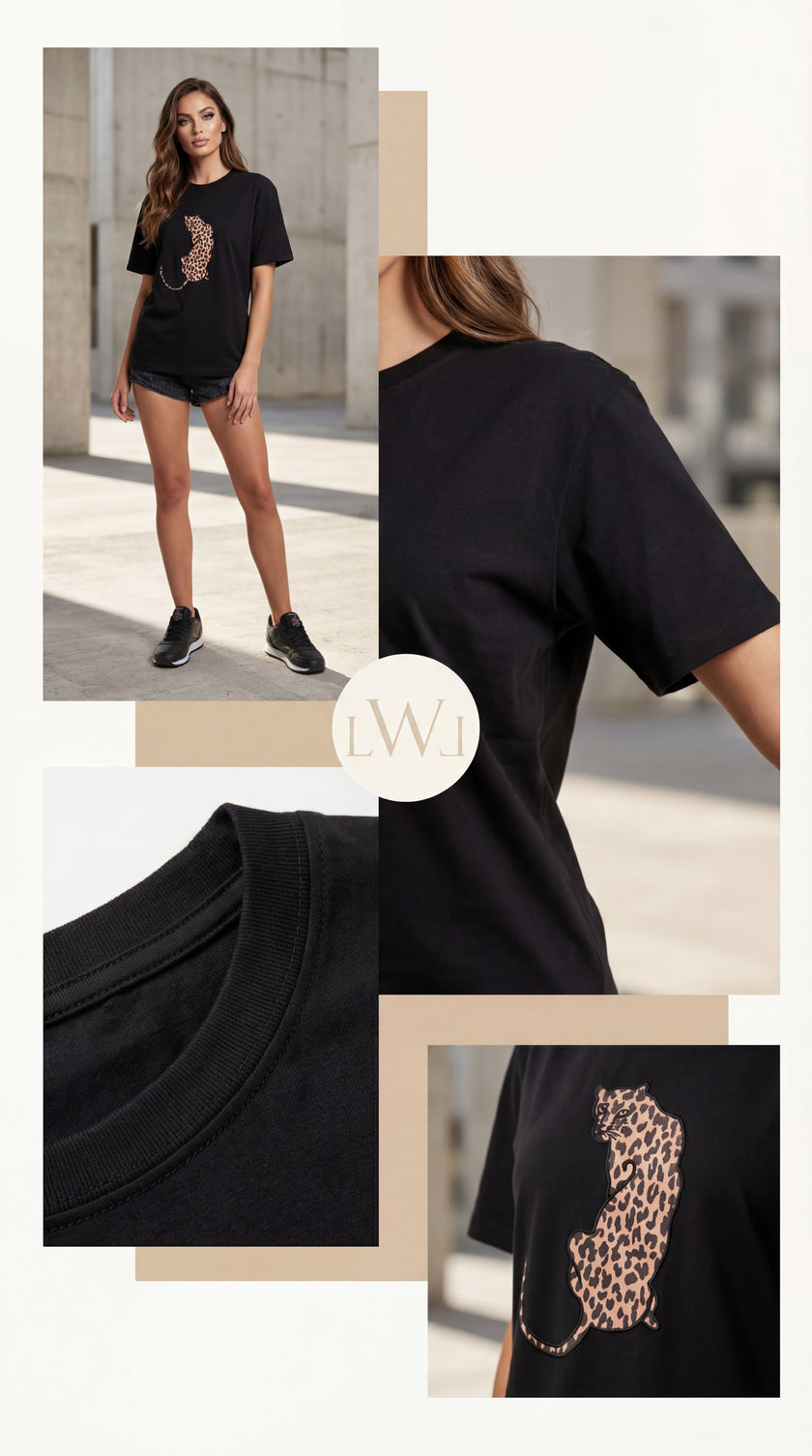 Leopard Patterned Patch Detailed Black Oversized Crew Neck T-Shirt