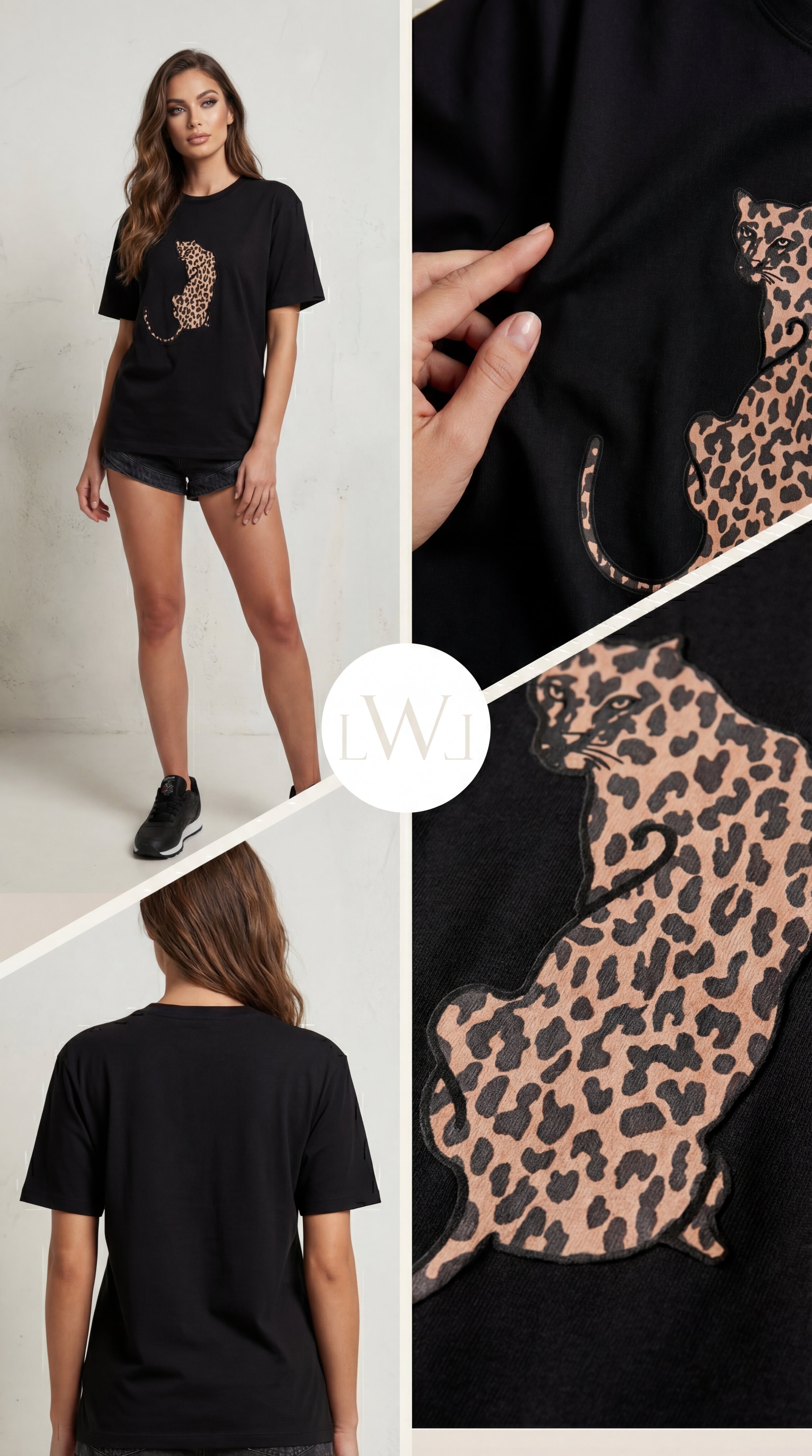 Leopard Patterned Patch Detailed Black Oversized Crew Neck T-Shirt