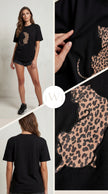 Leopard Patterned Patch Detailed Black Oversized Crew Neck T-Shirt