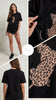Leopard Patterned Patch Detailed Black Oversized Crew Neck T-Shirt