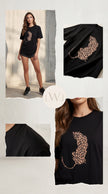 Leopard Patterned Patch Detailed Black Oversized Crew Neck T-Shirt