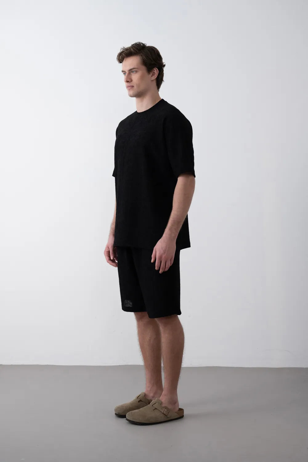 Textured Knitted Fabric Black Crew Neck Oversize Men's T-Shirt