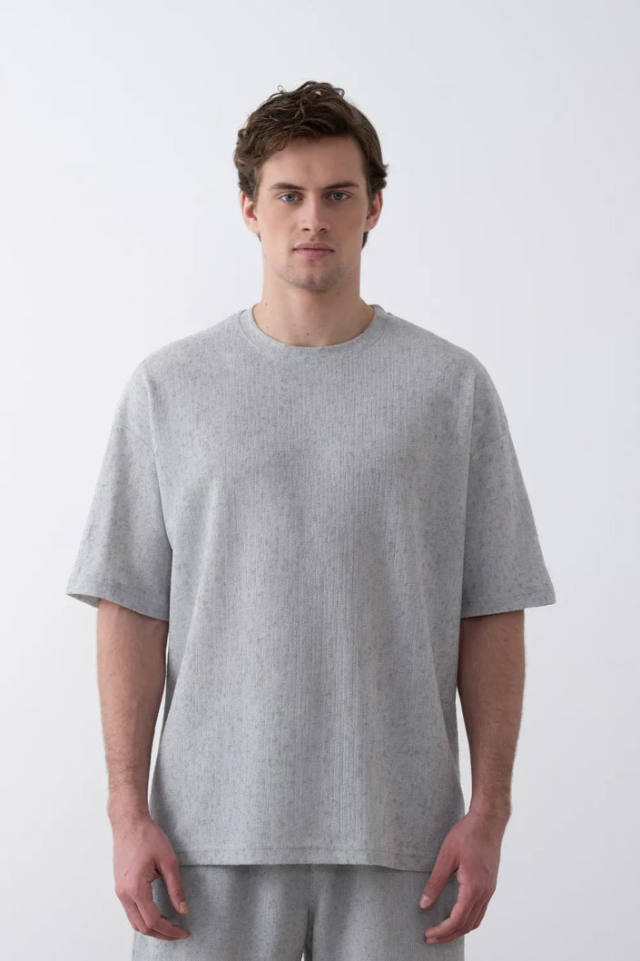 Textured Knitted Fabric Black Crew Neck Oversize Men's T-Shirt