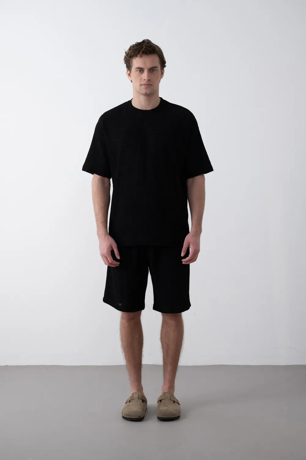 Textured Knitted Fabric Black Crew Neck Oversize Men's T-Shirt