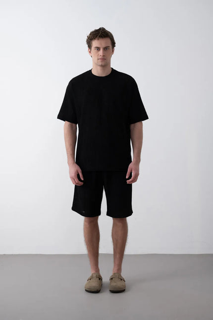 Textured Knitted Fabric Black Crew Neck Oversize Men's T-Shirt