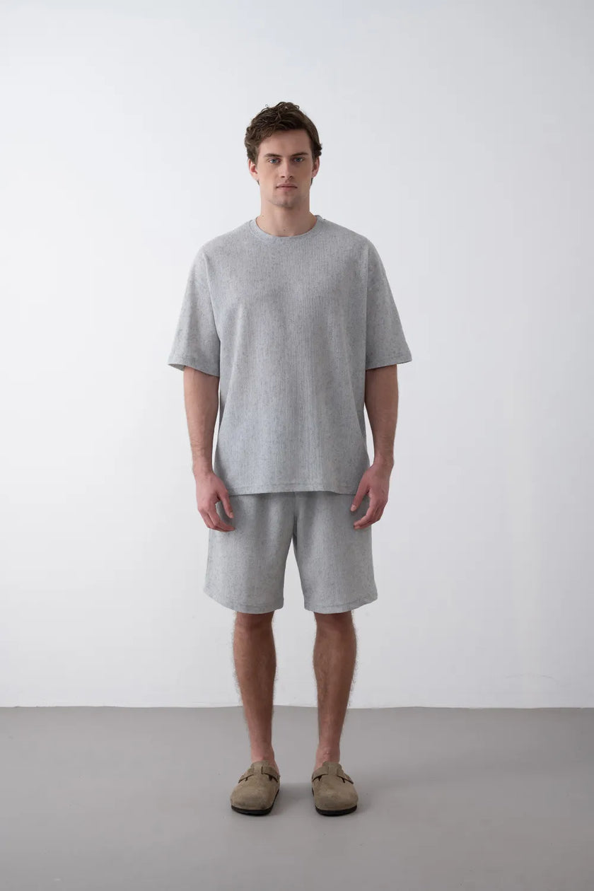 Dokulu Örme Kumaş Bisiklet Yaka Oversize Erkek Tişört