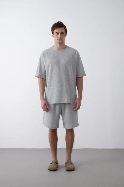 Textured Knitted Fabric Black Crew Neck Oversize Men's T-Shirt