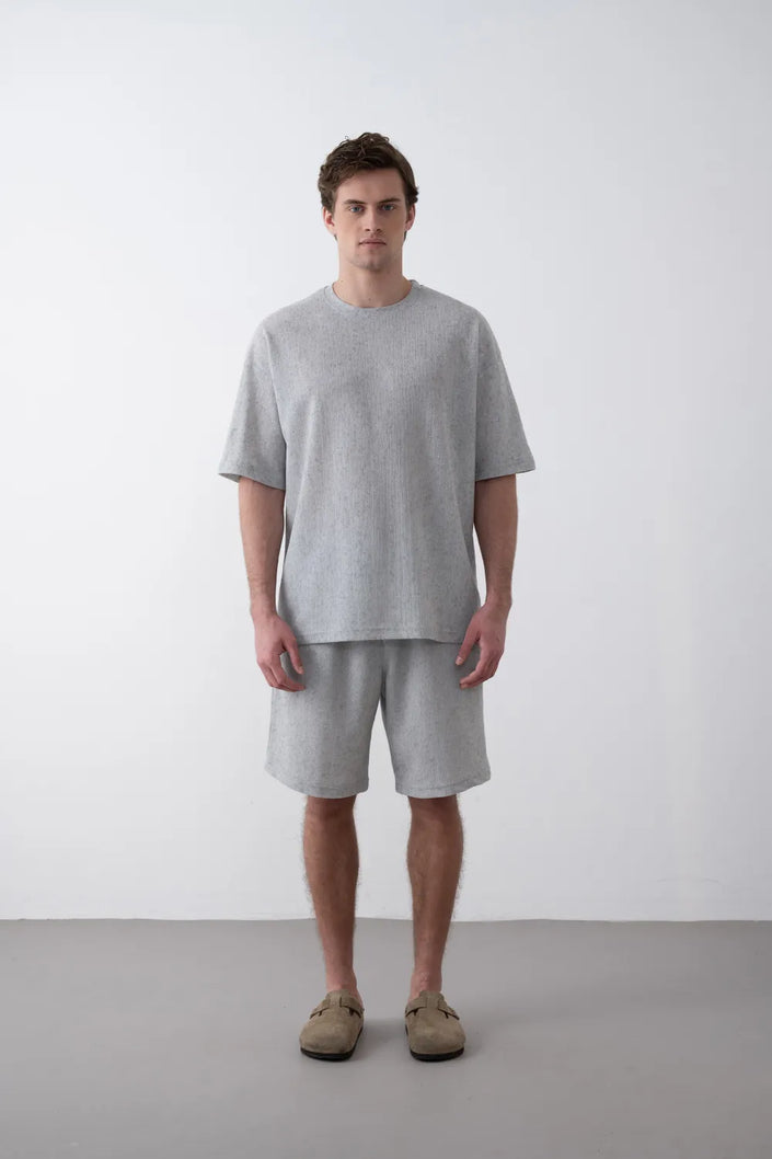 Textured Knitted Fabric Black Crew Neck Oversize Men's T-Shirt
