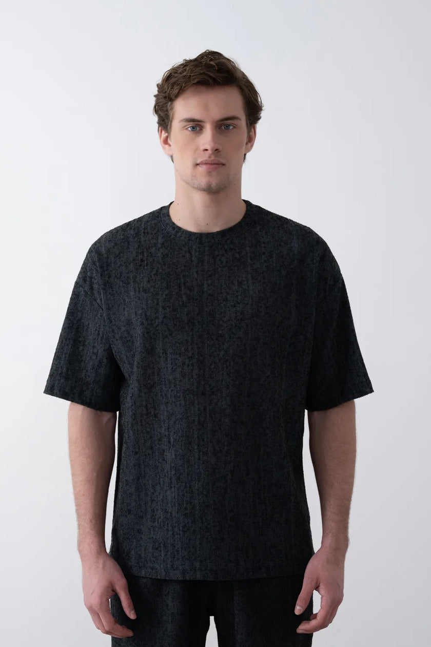 Dokulu Örme Kumaş Bisiklet Yaka Oversize Erkek Tişört