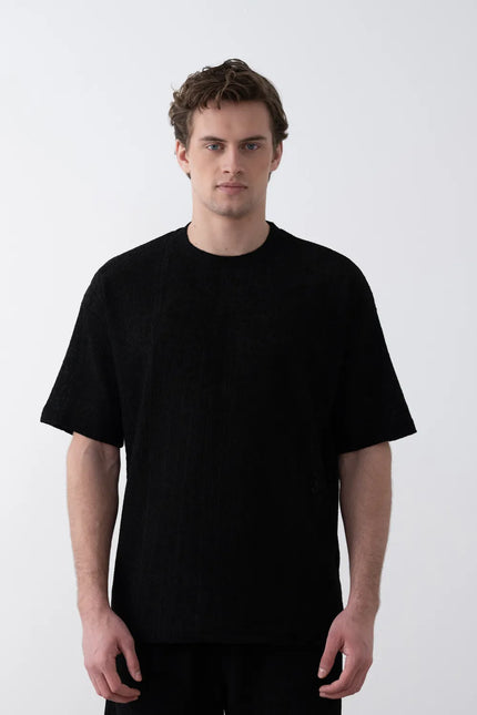 Textured Knitted Fabric Black Crew Neck Oversize Men's T-Shirt