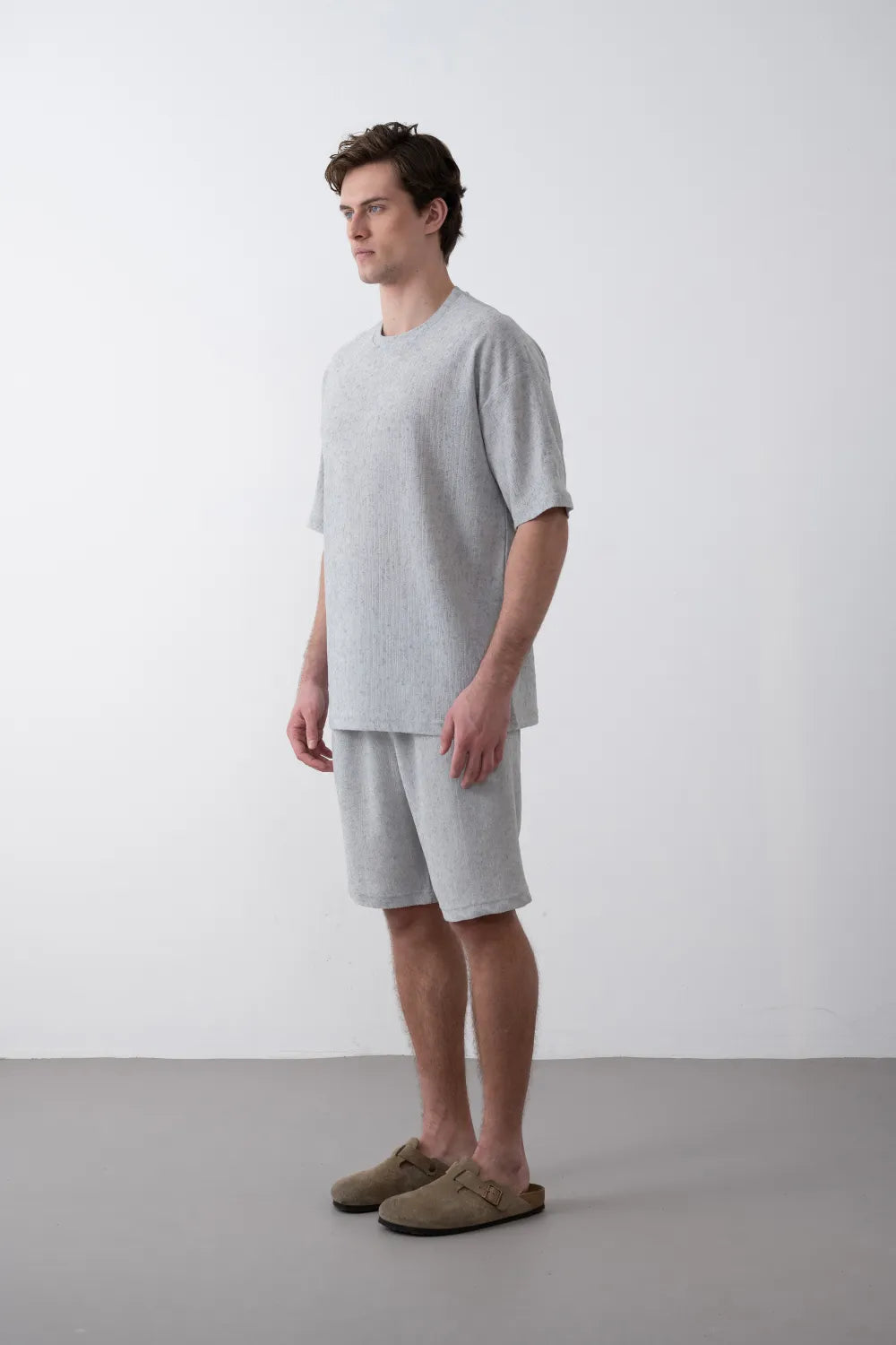 Textured Knitted Fabric Black Crew Neck Oversize Men's T-Shirt