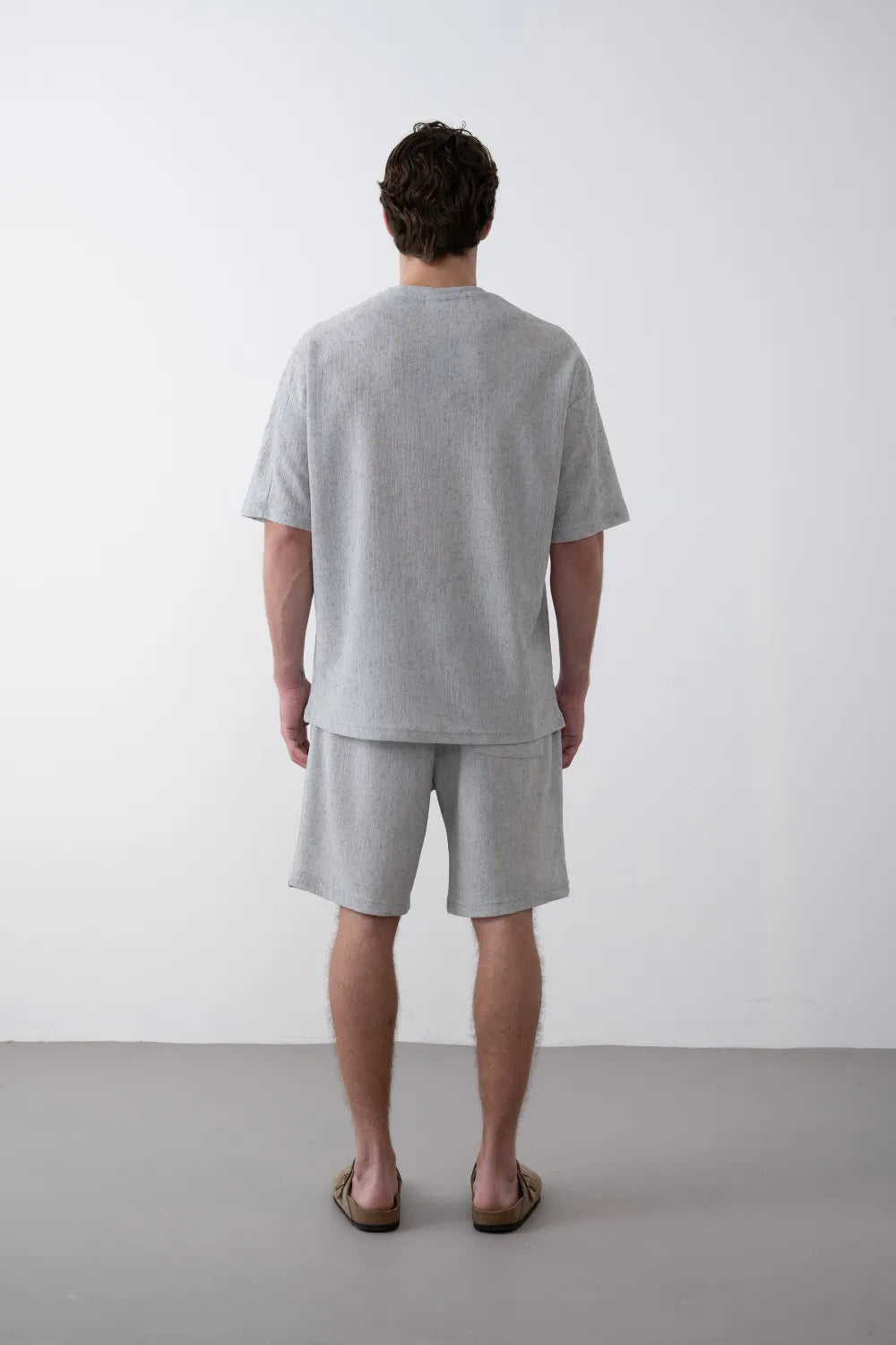 Textured Knitted Fabric Black Crew Neck Oversize Men's T-Shirt
