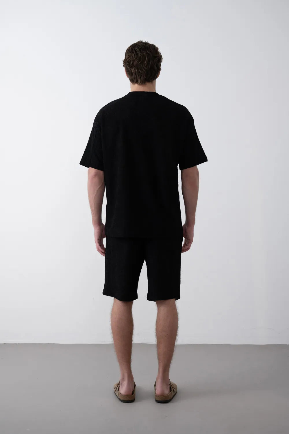 Textured Knitted Fabric Black Crew Neck Oversize Men's T-Shirt