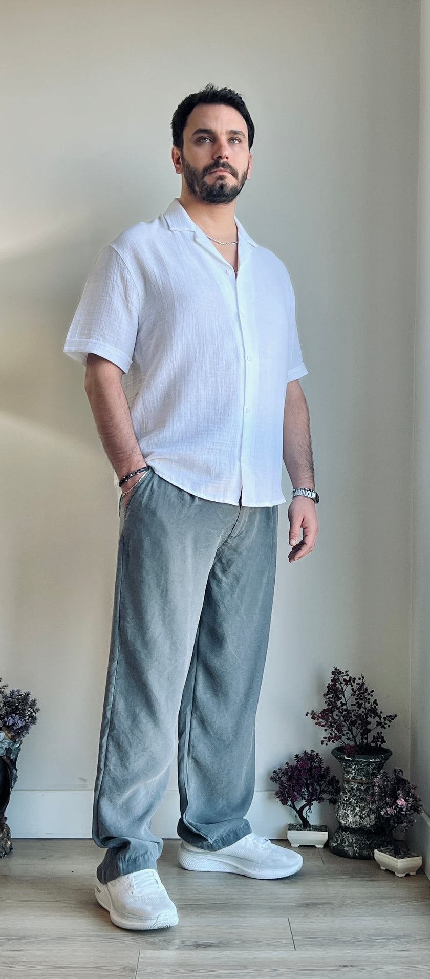 Müslin Kumaş Yazlık Gömlek - Küba Yaka ve Ferah Kesim