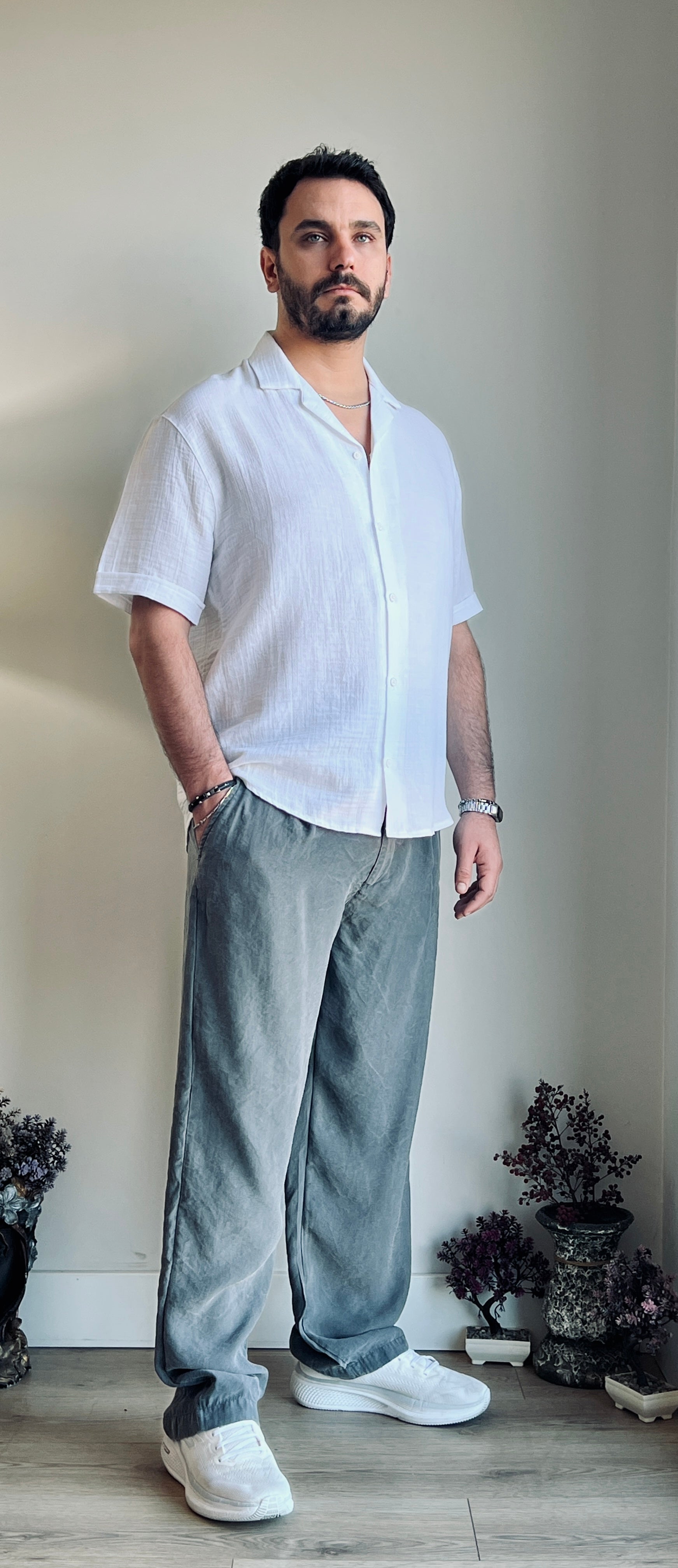 Müslin Kumaş Yazlık Gömlek - Küba Yaka ve Ferah Kesim