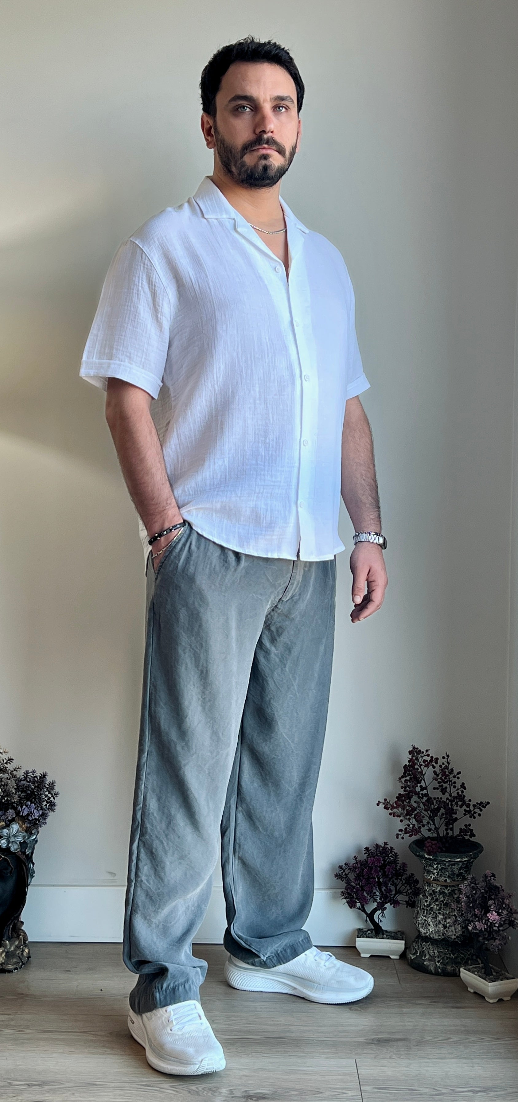 Müslin Kumaş Yazlık Gömlek - Küba Yaka ve Ferah Kesim