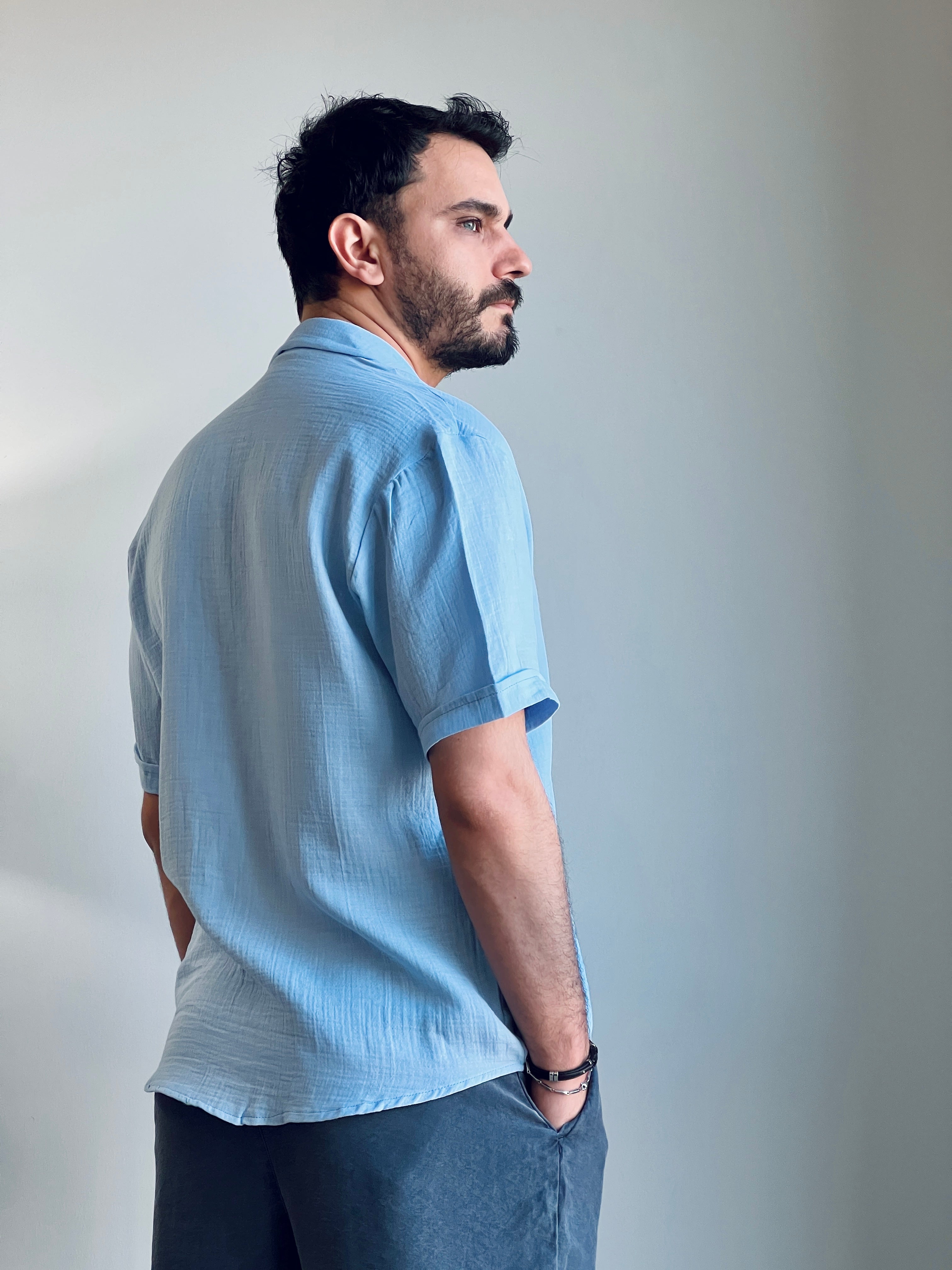 Müslin Kumaş Yazlık Gömlek - Küba Yaka ve Ferah Kesim