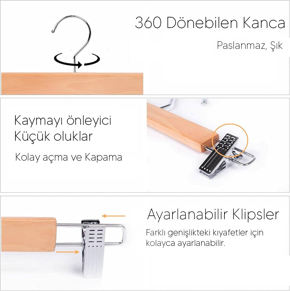 3 Adet Ahşap Pantolon & Etek Askısı