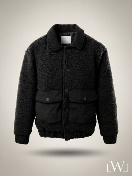 Black Plush (Teddy) and Velvet Detailed Classic Collar Men's Coat Jacket