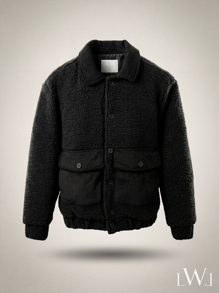 Black Plush (Teddy) and Velvet Detailed Classic Collar Men's Coat Jacket