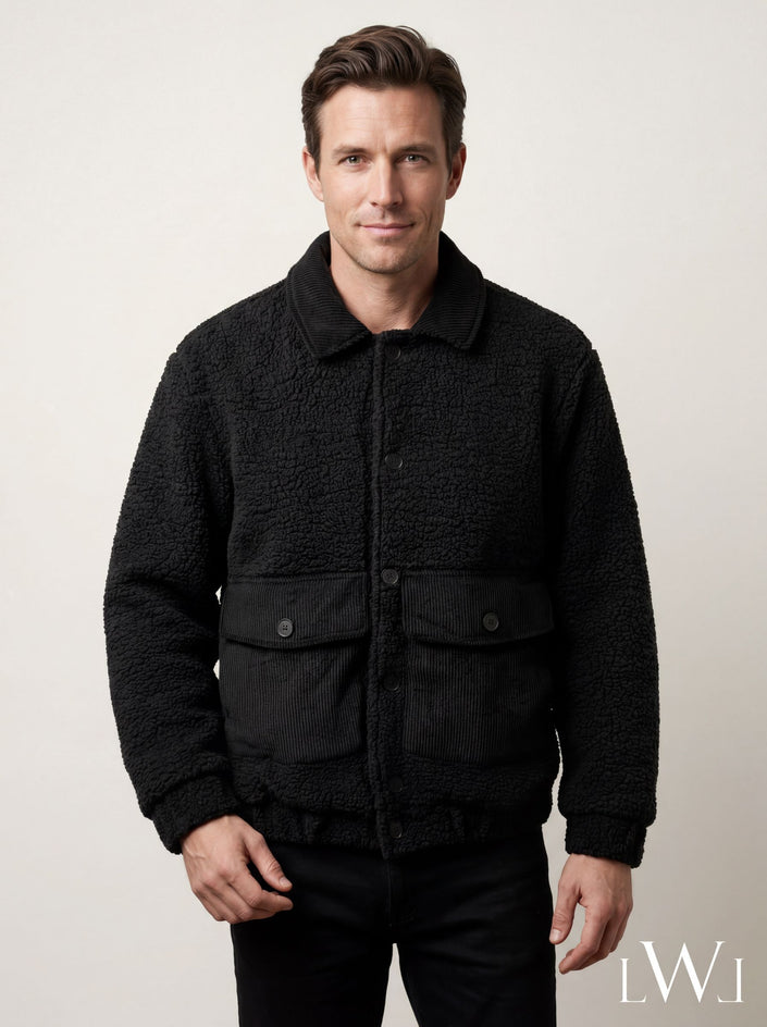 Black Plush (Teddy) and Velvet Detailed Classic Collar Men's Coat Jacket
