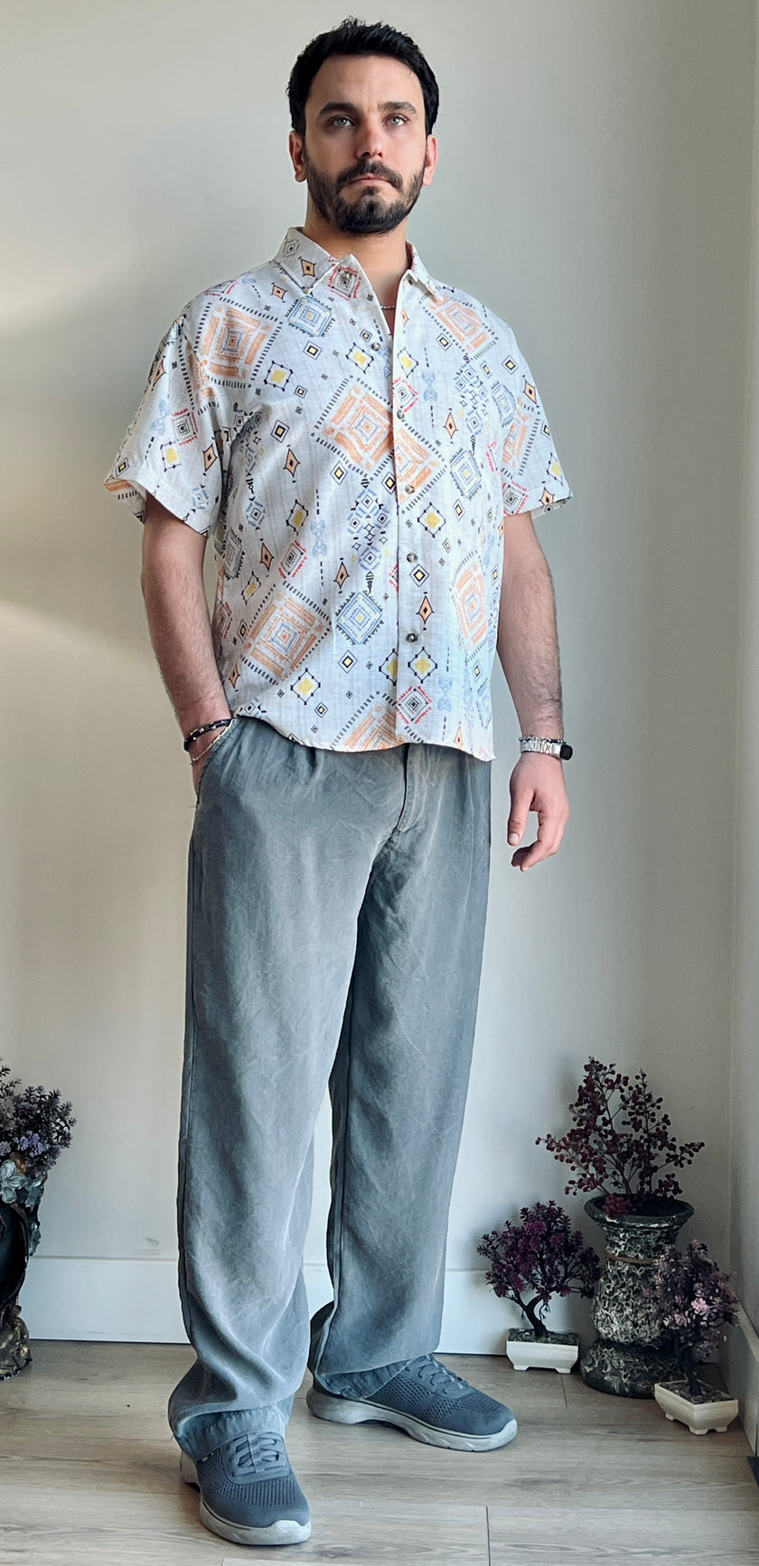 Retro Geometrik Desenli Keten Gömlek