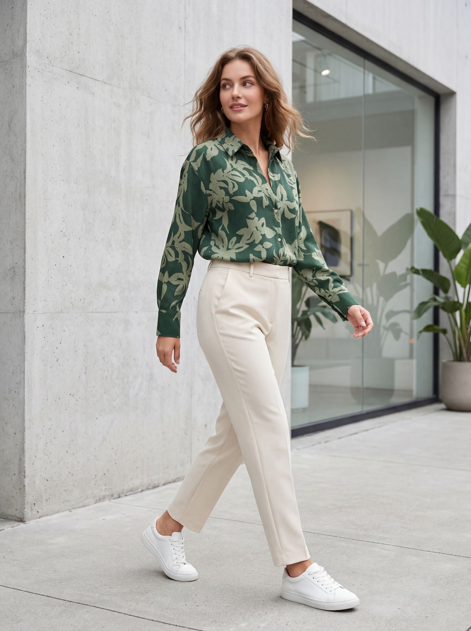 Satin Leaf Patterned Green Embossed Women's Shirt