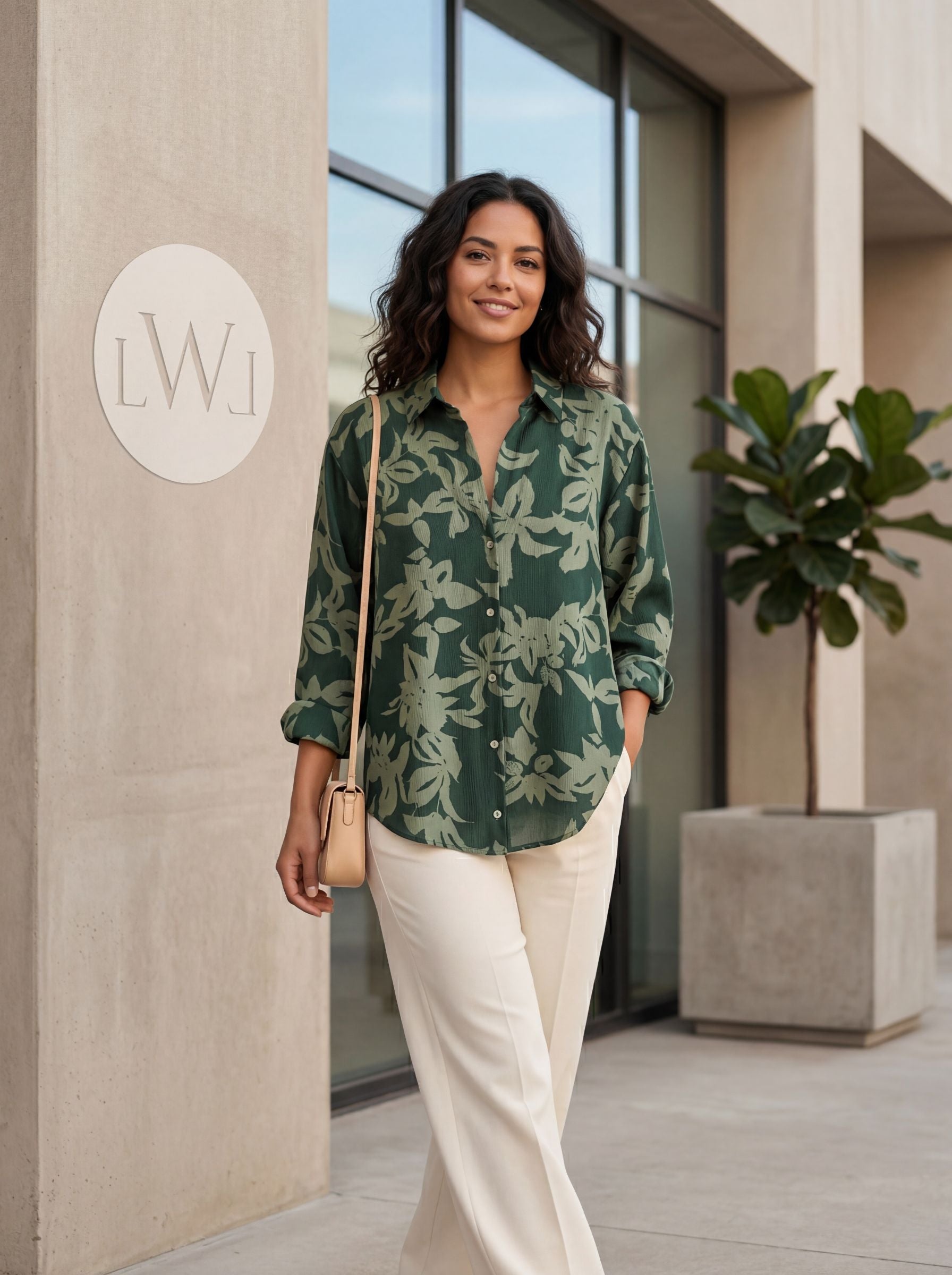 Satin Leaf Patterned Green Embossed Women's Shirt