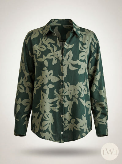 Satin Leaf Patterned Green Embossed Women's Shirt