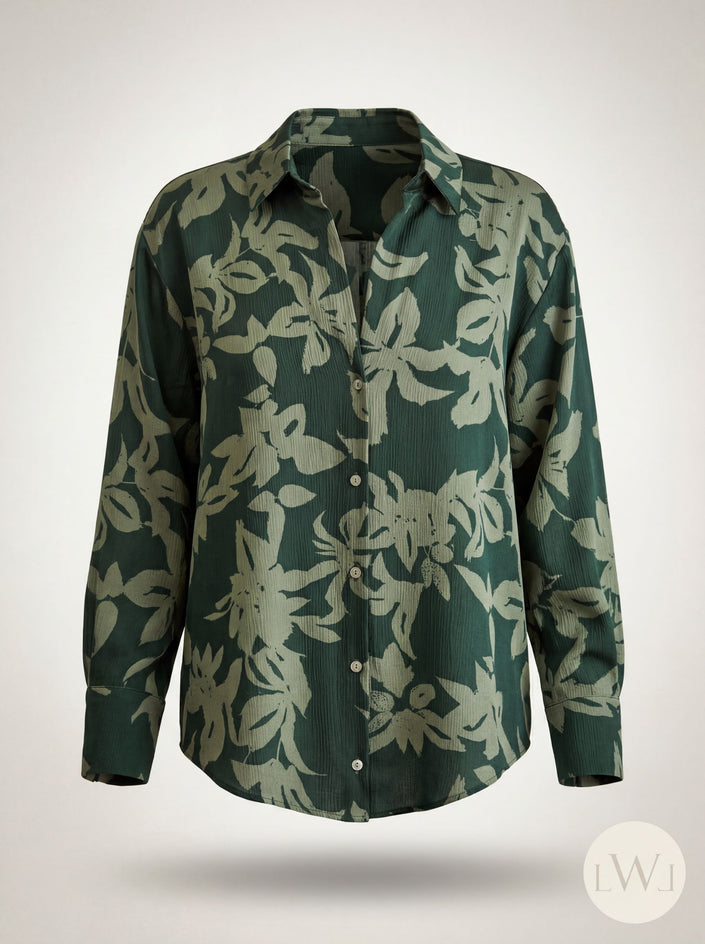 Satin Leaf Patterned Green Embossed Women's Shirt